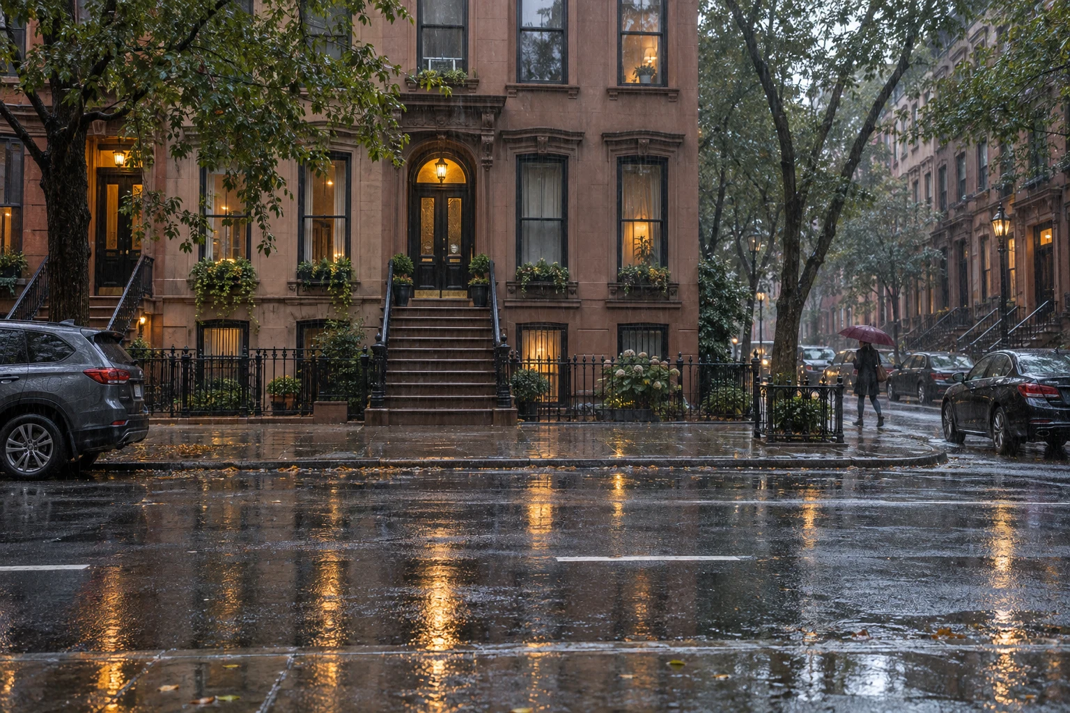 纽约街头的雨滴与湿润倒影
